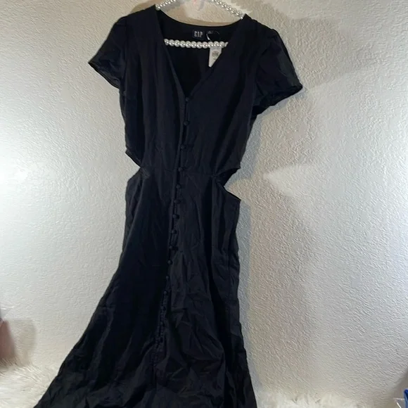 GAP Linen Blend Cutout Midi Dress With Pockets Black Size 8 Tall NEW - Picture 2 of 12